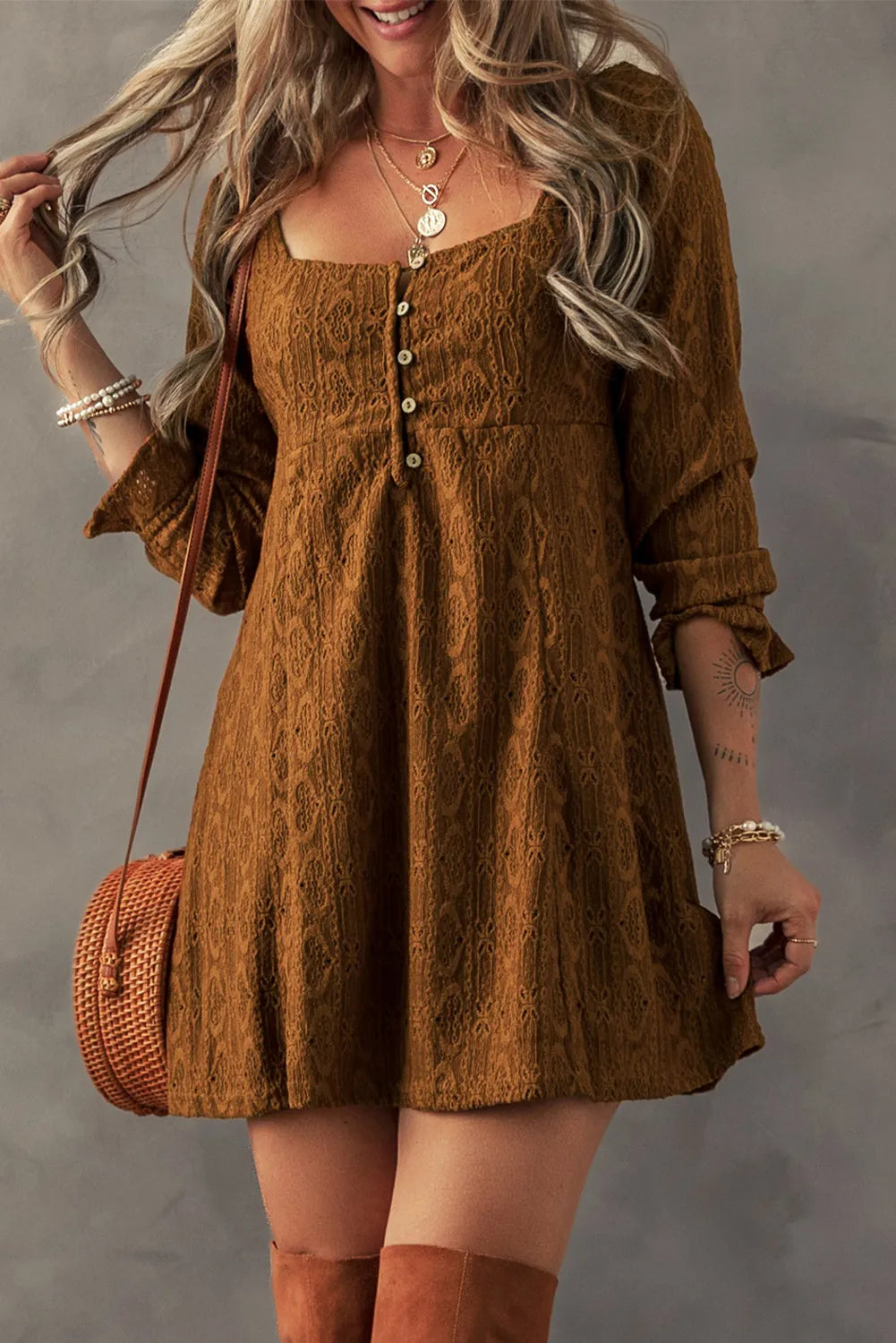 Textured Square Neck Mini Dress Comfortable Fit-and-Flare Mini Dress