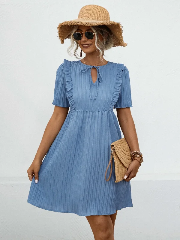 Tie Neck Short Sleeve Mini Dress Classic Shift Mini Dress