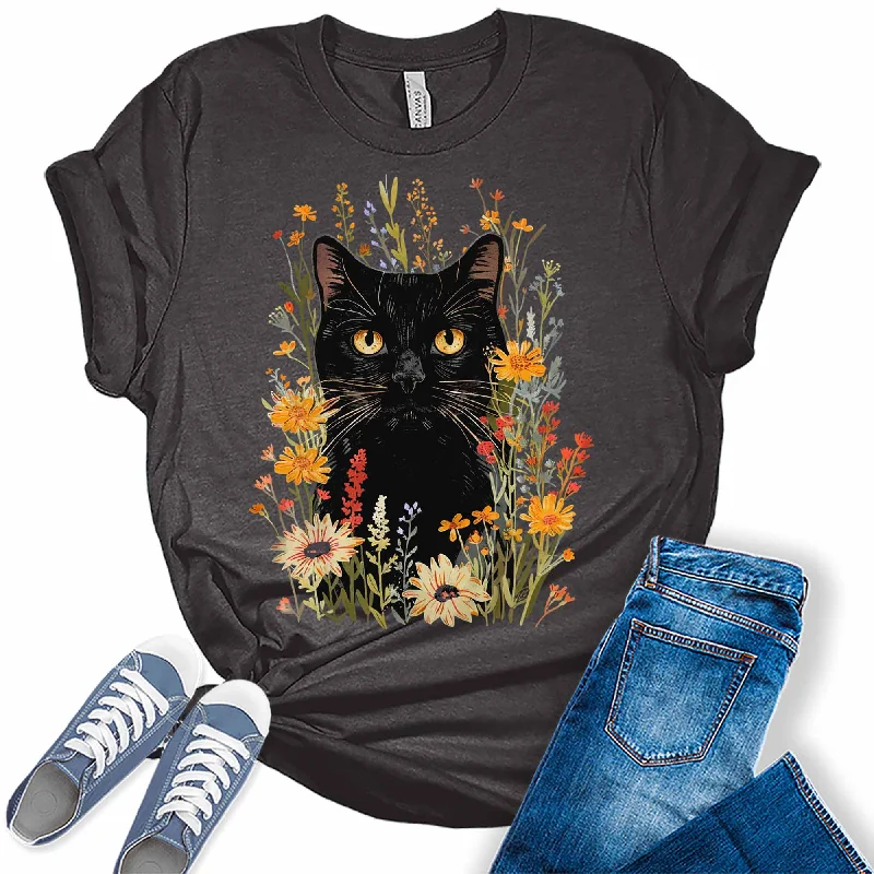 Trendy Black Cat Wildflowers Graphic Tees for Women Print Jacquard Patchwork