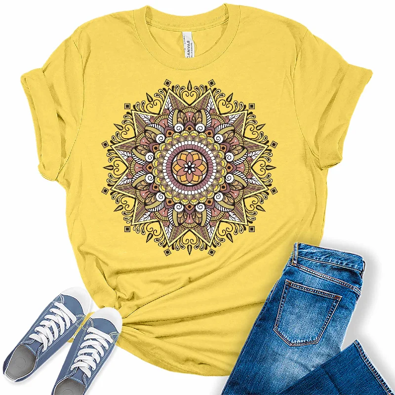 Trendy Mandala Summer Yellow Womens Graphic Tees Graphic T-Shirt Round Neck Polyester