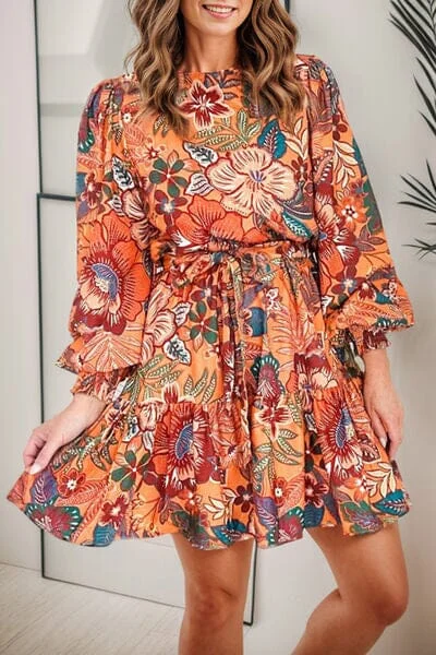 Tropical Print Tie Waist Lantern Sleeve Mini Dress Comfortable Wrap Mini Dress