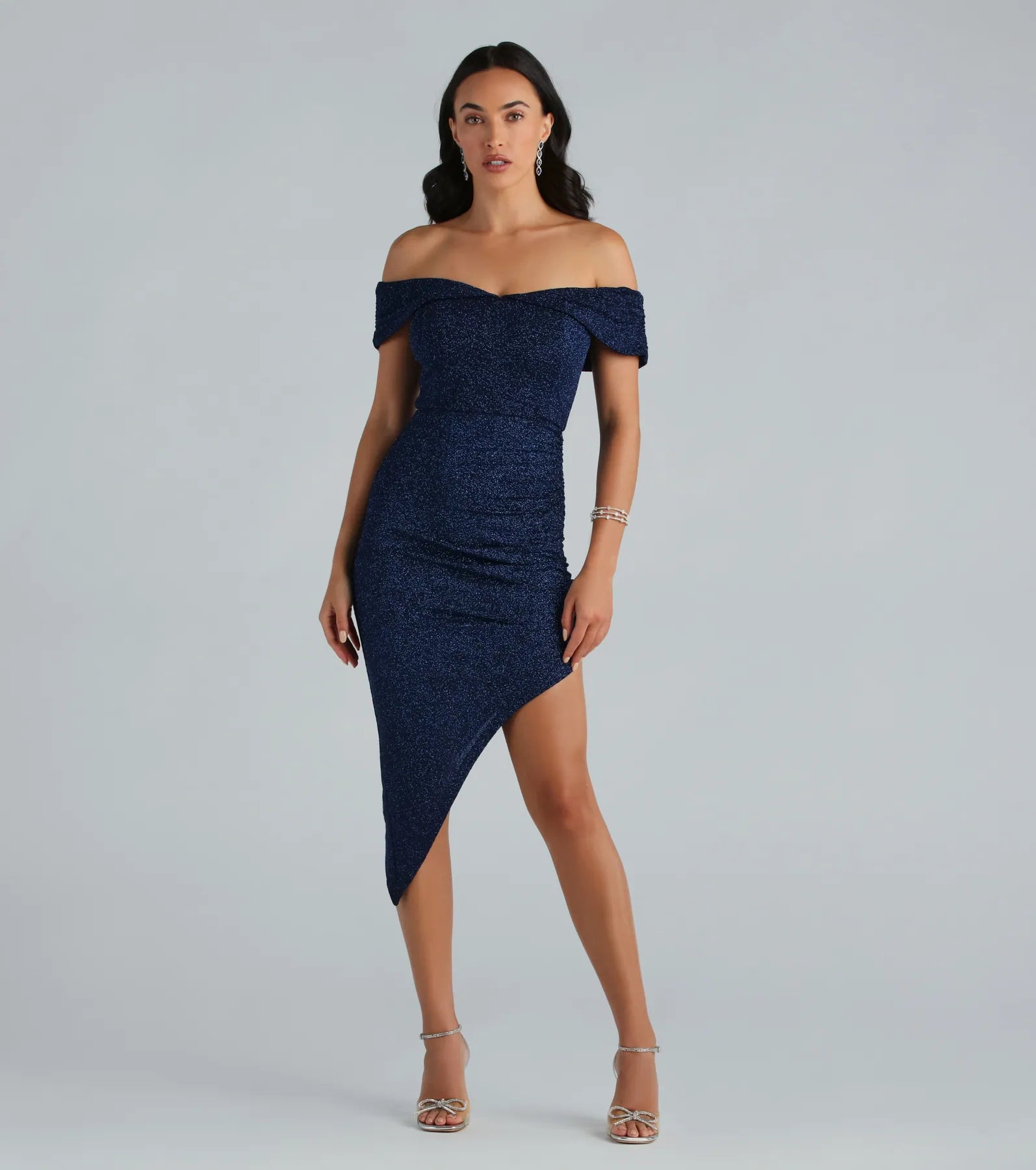 Unforgettable Glitter Off The Shoulder Midi Dress Trendy Tiered Hem Midi Dress