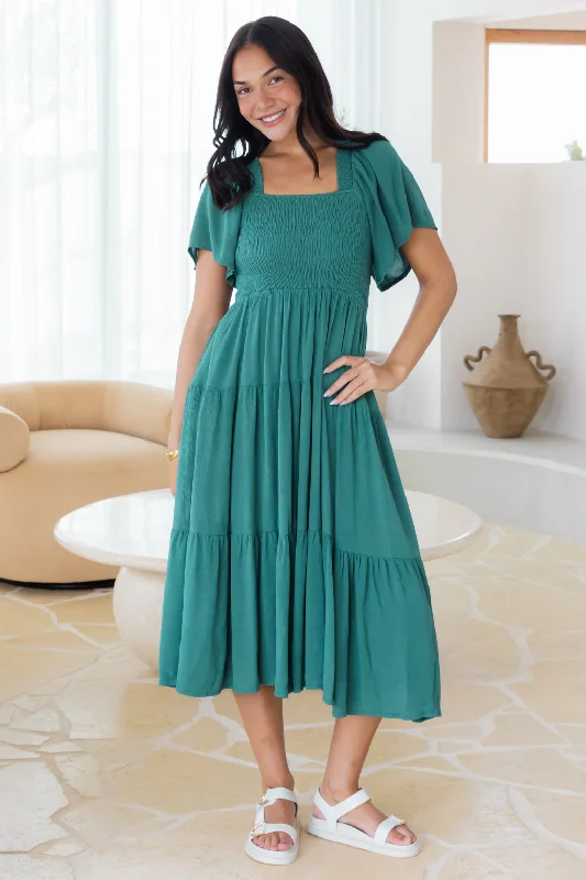 Willow Shirred Midi Dress Spruced Up Green Elegant Sleeveless Midi Dress