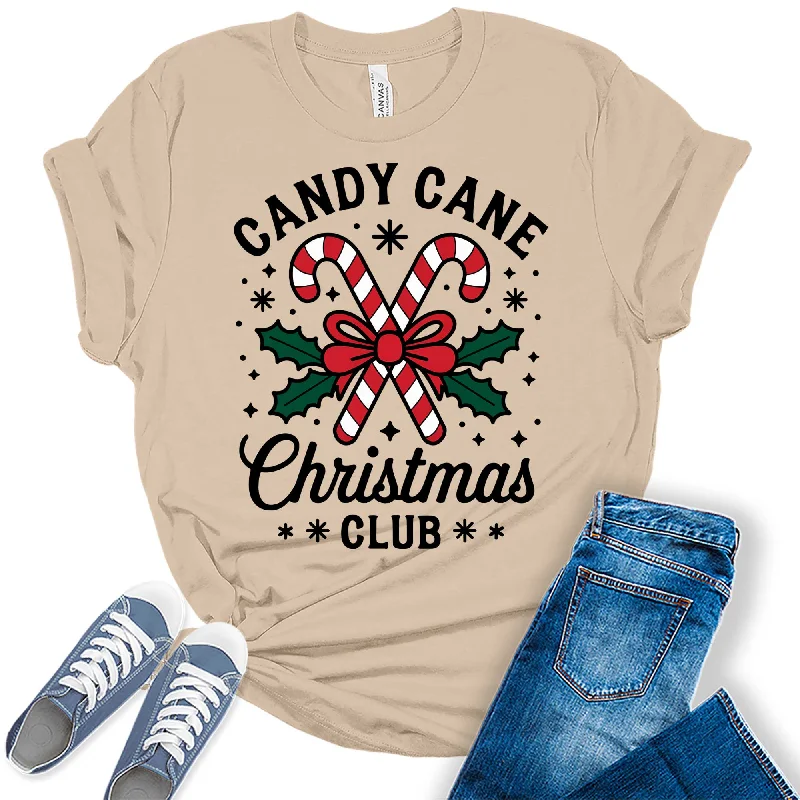 Women's Candy Cane Christmas Club Graphic Tees Zippered Buttoned Snapped