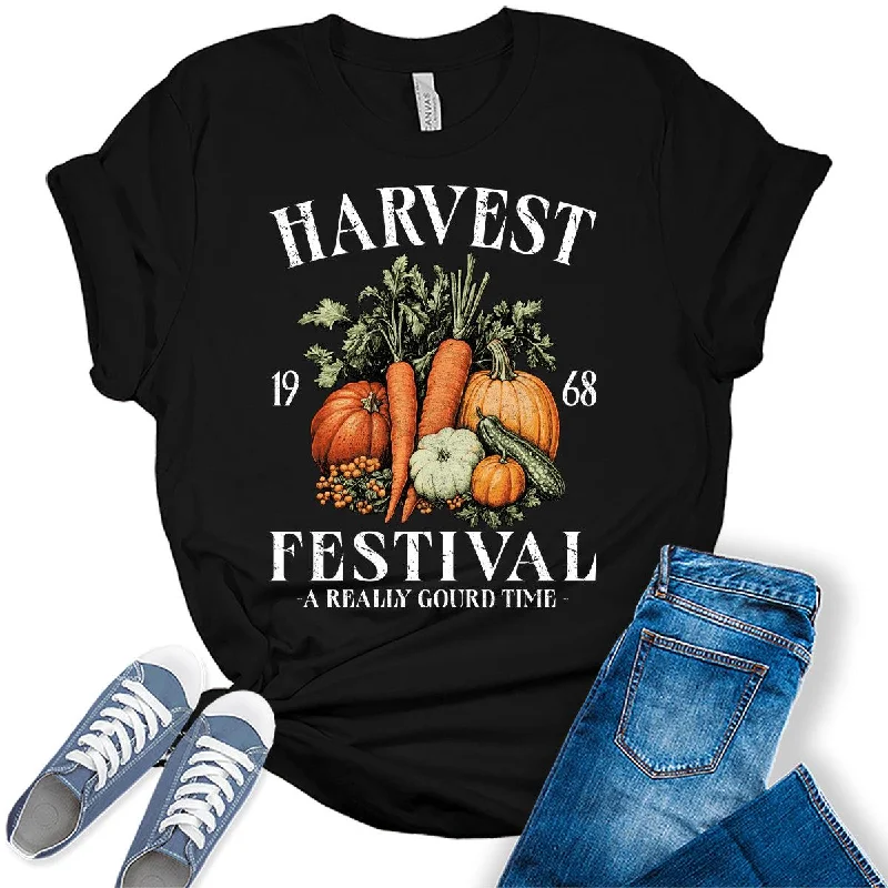 Womens Harvest Festival Thanksgiving Graphic Tees V-Neck T-Shirt Long Sleeve Cotton