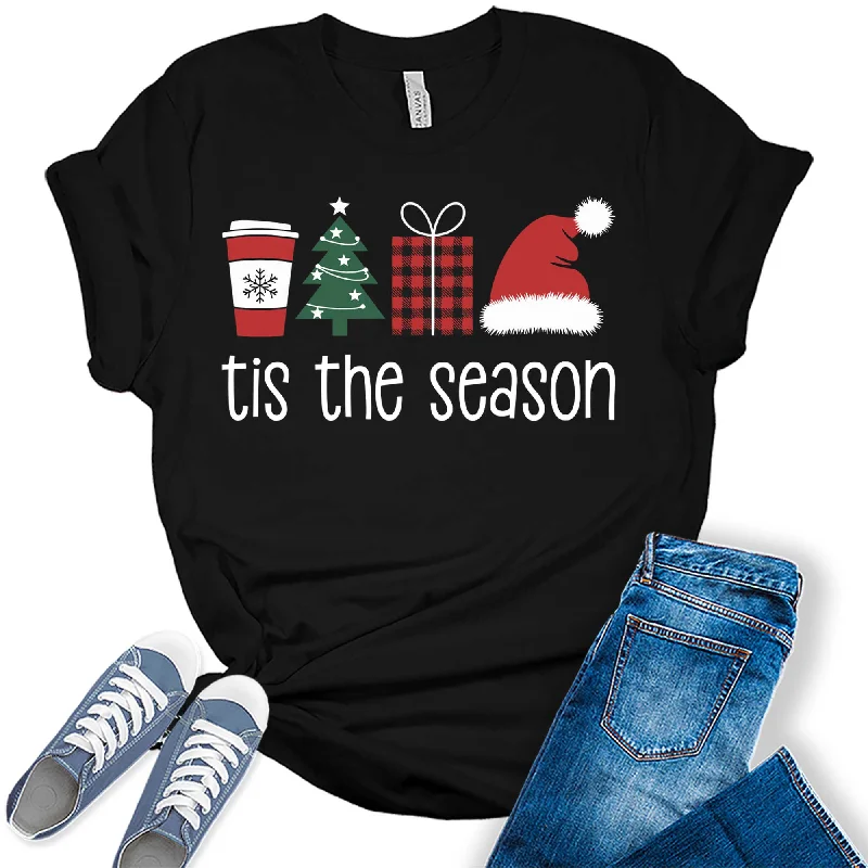 Women's Tis The Season Christmas Tree Trendy Holiday Graphic Tees Hooded Caped Shawl Collar