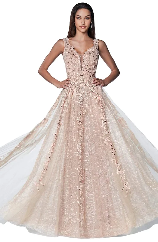 Cinderella Divine - CD4091 Plunging Illusion Side Lace A-Line Gown