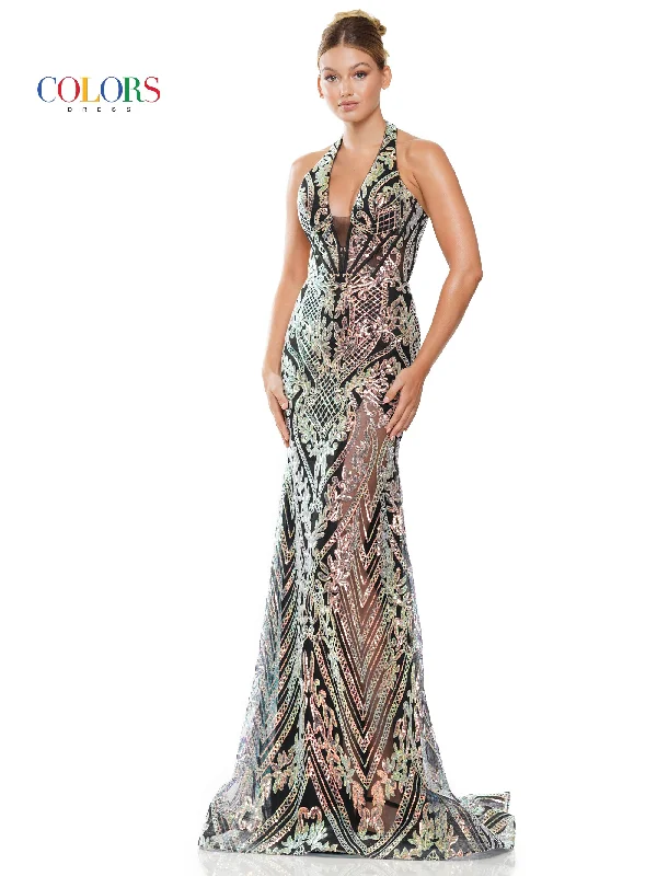 Colors 3114 Long Formal Halter Fitted Prom Dress