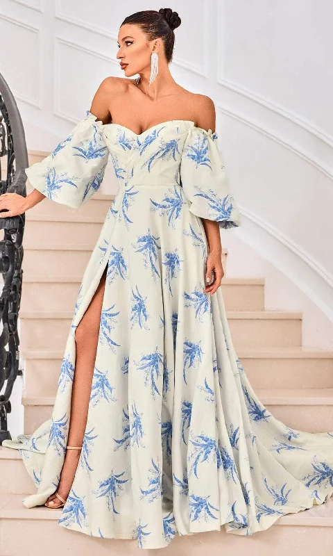 J'Adore Dresses J24053 - Bell Sleeve Printed Evening Gown