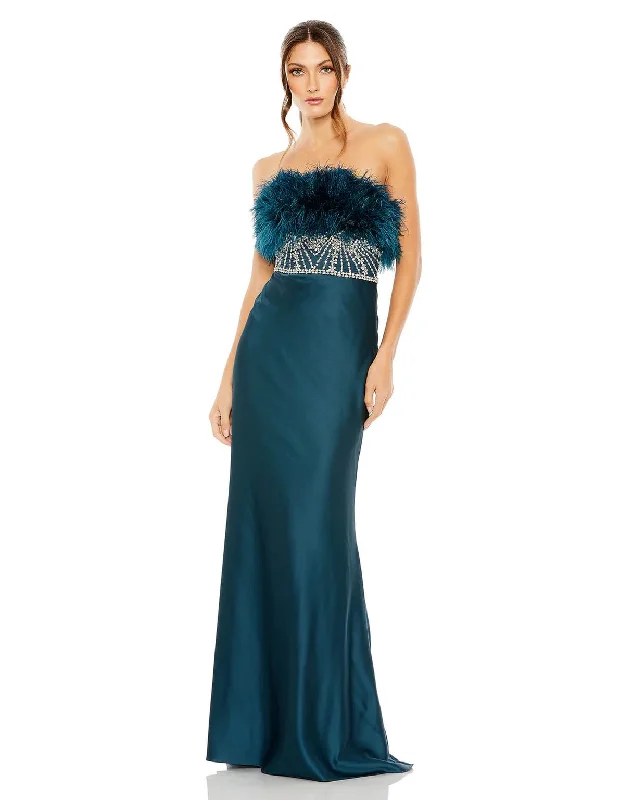 Mac Duggal 11686 Long Strapless Feather Rhinestone Detailed Dress