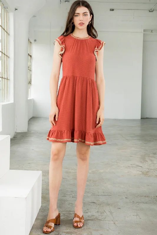 Short Embroidered Flutter Sleeve Dress