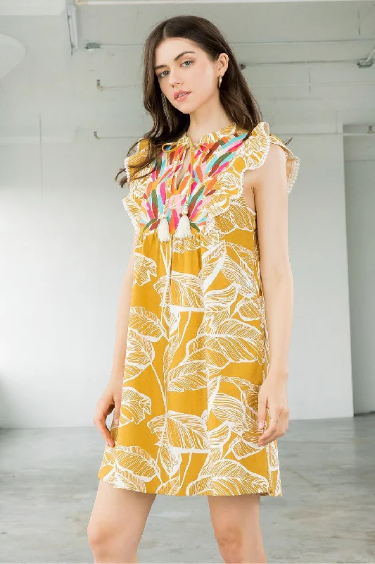 Short Embroidered Ruffle Leaf Dress