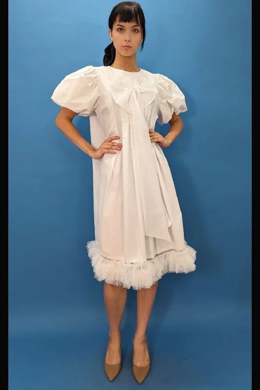 Short Puff Sleeve Bow Cotton Blend Dress