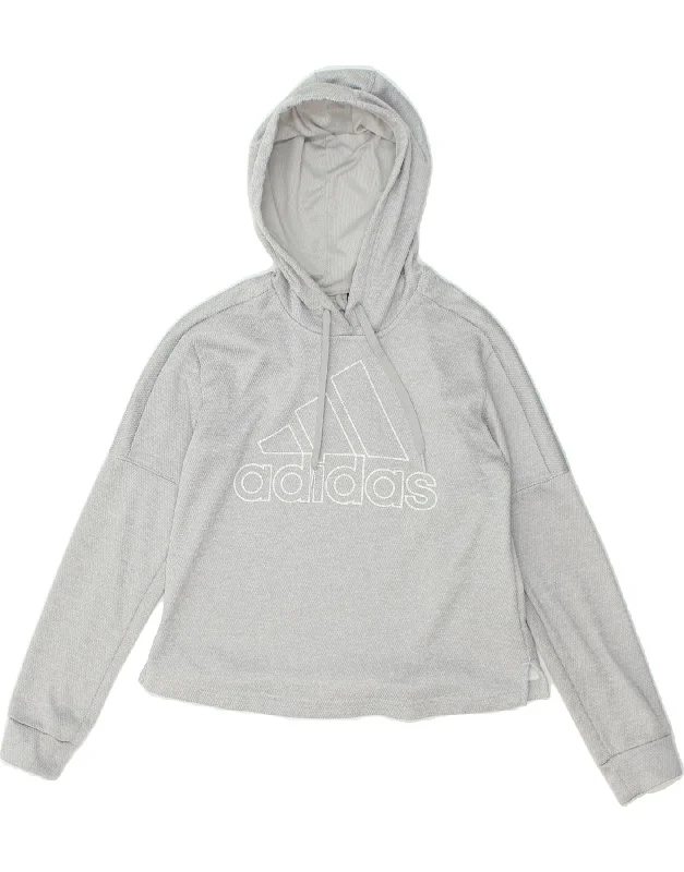 ADIDAS Womens Climawarm Graphic Hoodie Jumper UK 8/10 Small Grey Cotton Hoodie with Hem Embroidery Detailed Premium