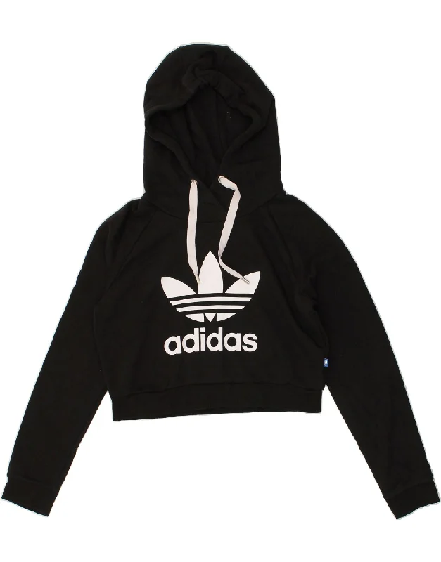 ADIDAS Womens Crop Graphic Hoodie Jumper UK 8 Small Black Cotton Hoodie Crop Top Short Trendy