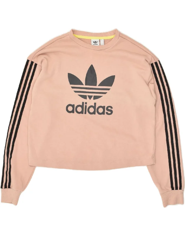 ADIDAS Womens Crop Graphic Sweatshirt Jumper UK 12 Medium Beige Cotton Hoodie with V-Neck Classic Versatile