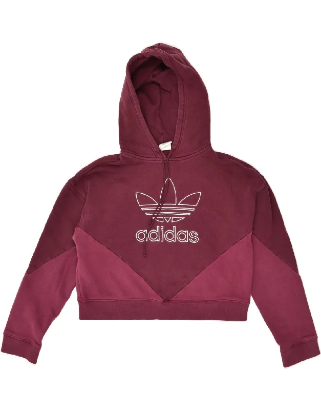 ADIDAS Womens Graphic Crop Hoodie Jumper UK 6 XS Burgundy Colourblock Hoodie with High Neck Warm Protective