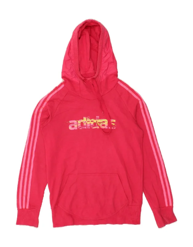 ADIDAS Womens Graphic Hoodie Jumper UK 10 Small Pink Cotton Hoodie with Drawstring Waist Adjustable Fitted