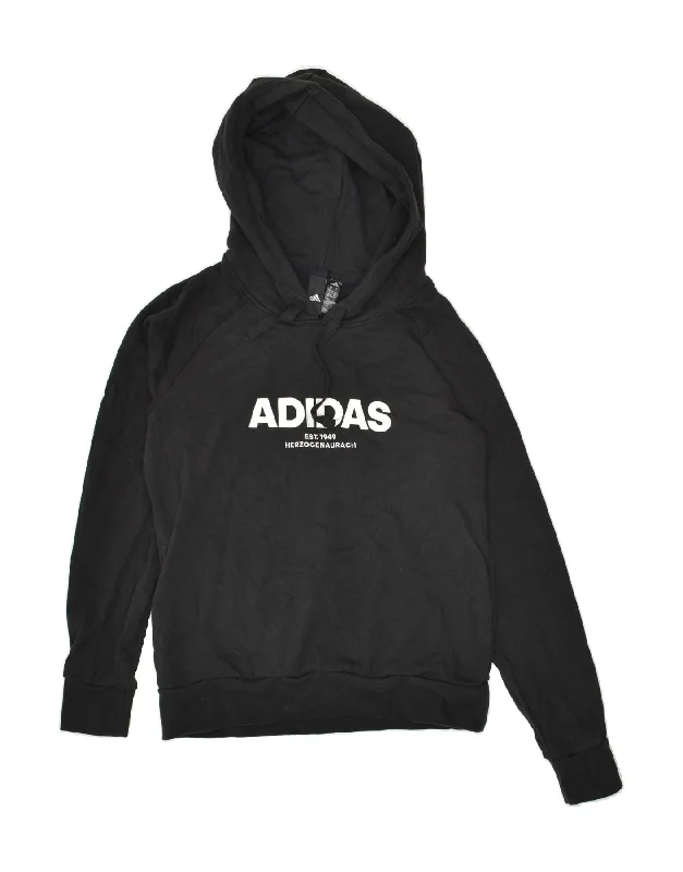 ADIDAS Womens Graphic Hoodie Jumper UK 12/14 Medium Black Cotton Hoodie with Drop Shoulder Relaxed Streetwear