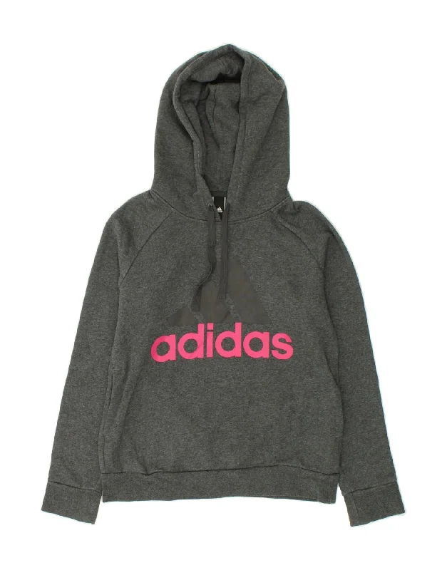 ADIDAS Womens Graphic Hoodie Jumper UK 12/14 Medium Grey Cotton Hoodie with Crew Neck Simple Timeless