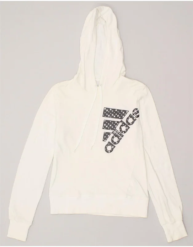 ADIDAS Womens Graphic Hoodie Jumper UK 12 Medium Off White Cotton Hoodie with Lining Warm Insulated