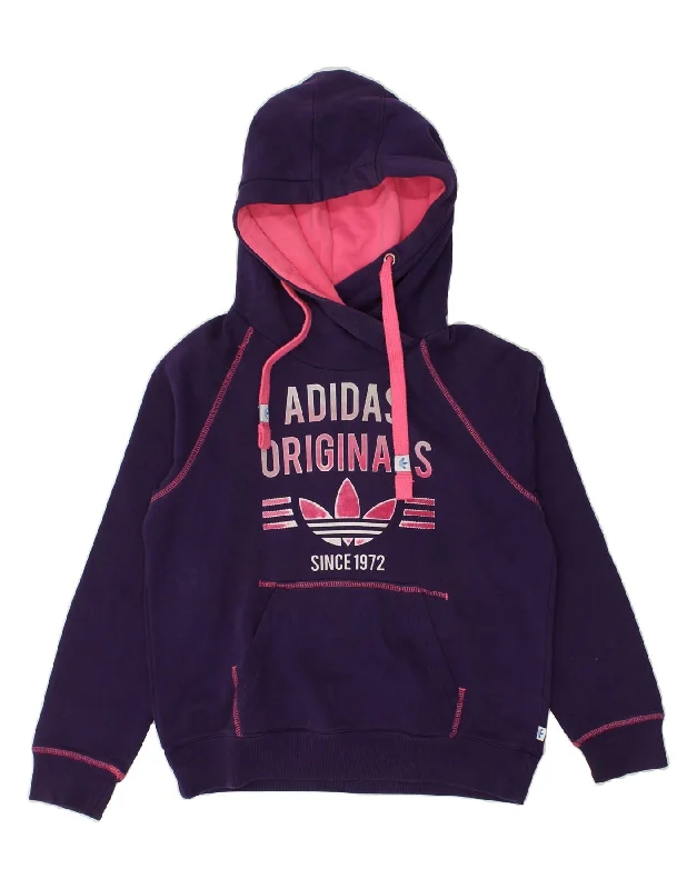 ADIDAS Womens Graphic Hoodie Jumper UK 12 Medium Purple Cotton Hoodie with Hem Fringe Bohemian Relaxed