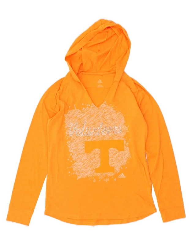 ADIDAS Womens Graphic Hoodie Jumper UK 14 Medium Orange Cotton Hoodie with Logo Branding Identity