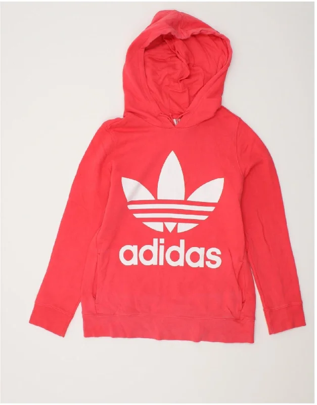 ADIDAS Womens Graphic Hoodie Jumper UK 14 Medium Red Cotton Hoodie with Pattern Geometric Abstract