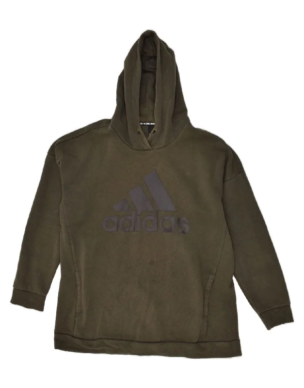 ADIDAS Womens Graphic Hoodie Jumper UK 16/18 Large Khaki Cotton Hoodie with Distressed Vintage Worn