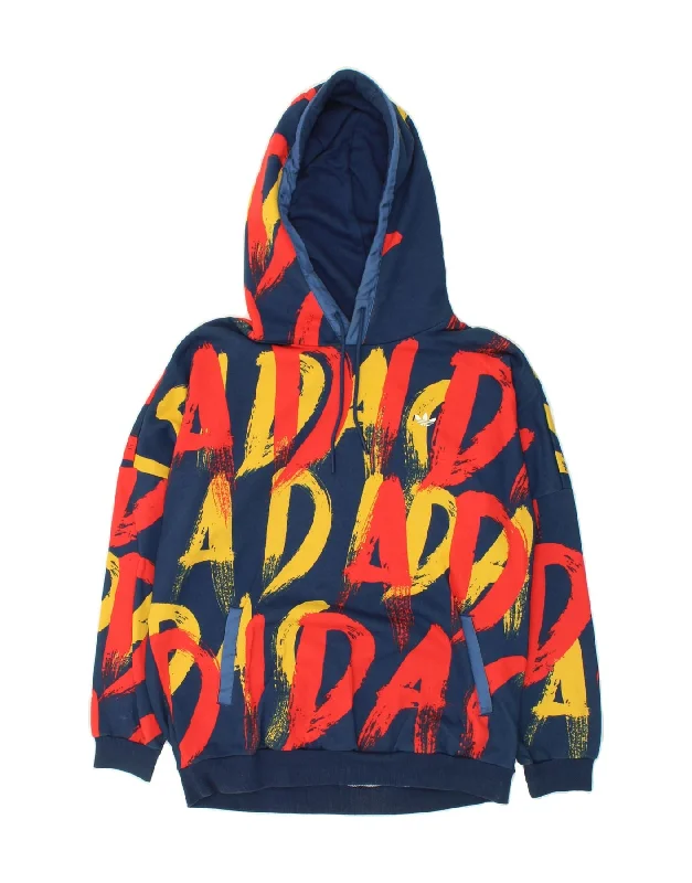 ADIDAS Womens Graphic Hoodie Jumper UK 16 Large  Navy Blue Cotton Hoodie with Turtle Neck Cozy Winter