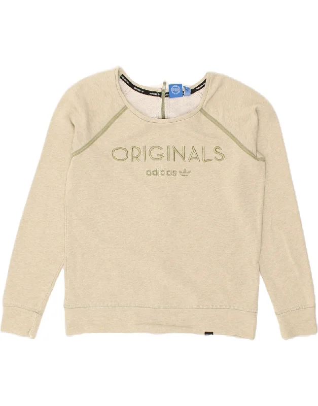ADIDAS Womens Graphic Sweatshirt Jumper UK 10 Small Beige Cotton Hoodie with Stripes Bold Sporty ADIDAS Womens Graphic Sweatshirt Jumper UK 10 Small Beige Cotton Hoodie with Stripes Bold Sporty