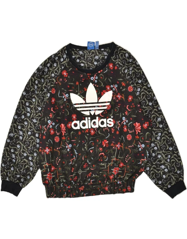 ADIDAS Womens Graphic Sweatshirt Jumper UK 10 Small Black Floral Polyester Hoodie with Embroidery Detailed Premium