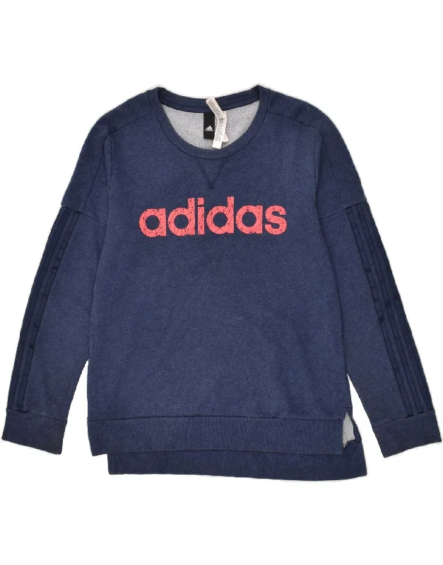 ADIDAS Womens Graphic Sweatshirt Jumper UK 14 Medium Navy Blue Cotton Hoodie Sweatshirt Pullover