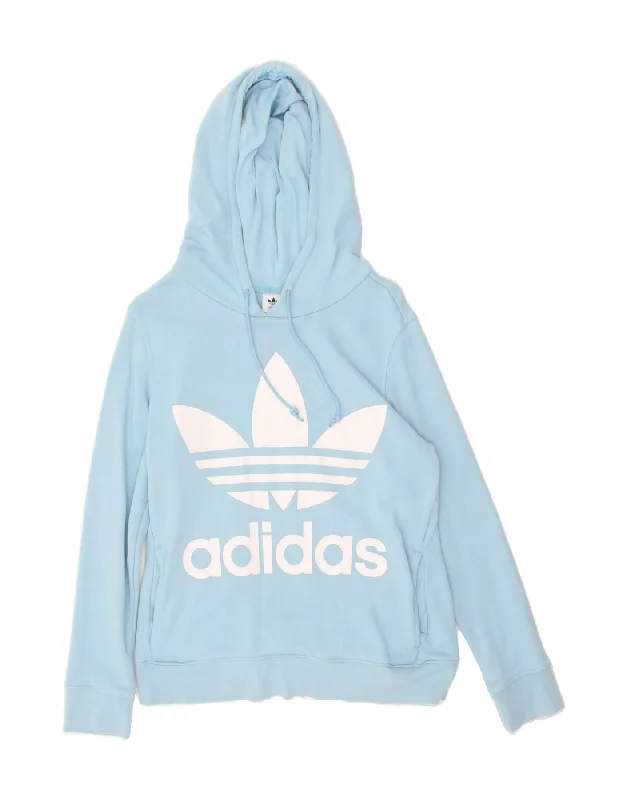 ADIDAS Womens Loose Fit Graphic Hoodie Jumper UK 10 Small Blue Cotton Hoodie with Hem Ribbing Snug Secure