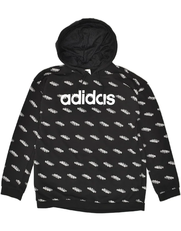 ADIDAS Womens Loose Fit Graphic Hoodie Jumper UK 12/14 Medium Black Cotton Hoodie with Raw Hem Edgy Unfinished