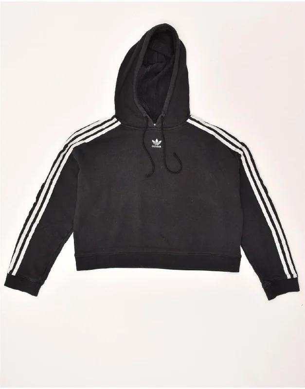 ADIDAS Womens Oversized Crop Hoodie Jumper UK 10 Small Black Cotton Hoodie with Toggle Buttons Decorative Unique