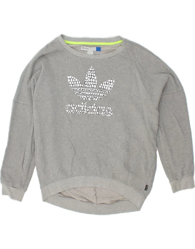 ADIDAS Womens Oversized Graphic Sweatshirt Jumper UK 16 Large Grey Cotton Hoodie with Slit Hem Functional Movement ADIDAS Womens Oversized Graphic Sweatshirt Jumper UK 16 Large Grey Cotton Hoodie with Slit Hem Functional Movement