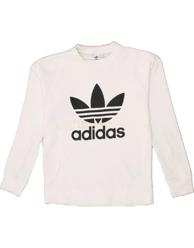 ADIDAS Womens Oversized Graphic Sweatshirt Jumper UK 6 XS White Cotton Hoodie with Ribbed Cuffs Snug Fit Comfort