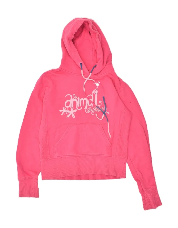 ANIMAL Womens Graphic Hoodie Jumper UK 10 Small Pink Cotton Hoodie with Thumb Holes Functional Cozy