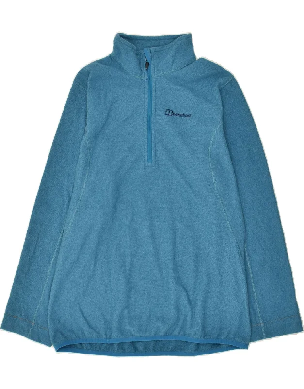 BERGHAUS Womens Zip Neck Sweatshirt Jumper UK 16 Large Blue Hoodie with Hem Fringe Bohemian Relaxed