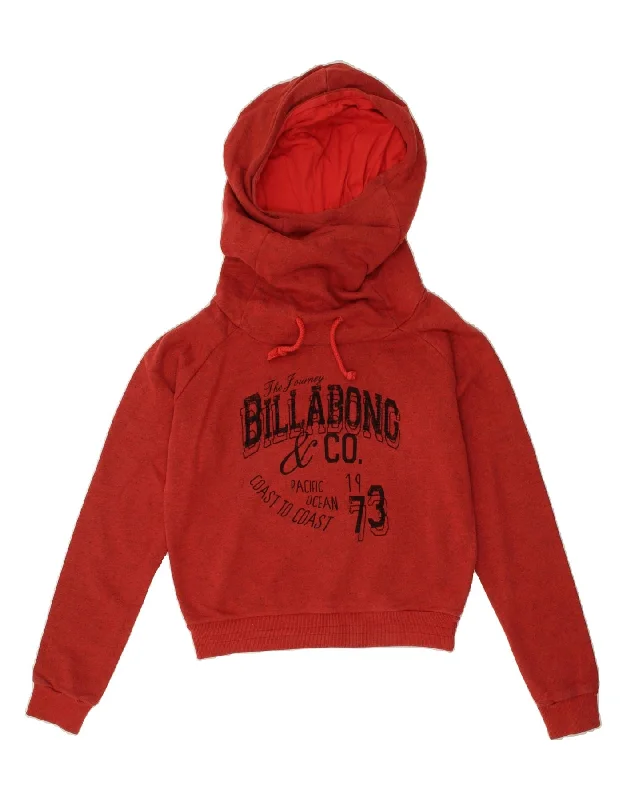 BILLABONG Womens Crop Graphic Hoodie Jumper UK 10 Small Red Flecked Cotton Hoodie with Pastel Soft Subtle