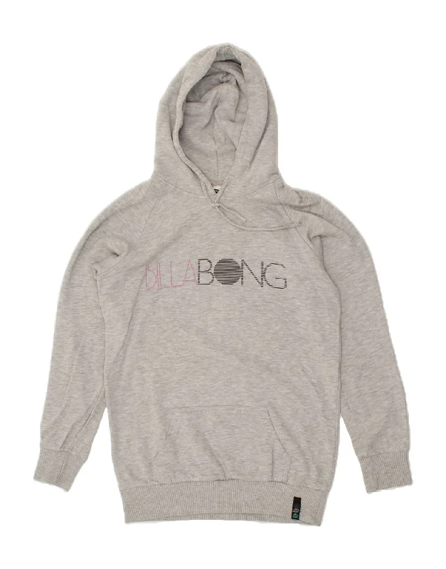 BILLABONG Womens Graphic Hoodie Jumper UK 10 Small Grey Hoodie with Exposed Zipper Edgy Industrial