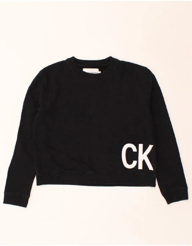 CALVIN KLEIN JEANS Womens Graphic Sweatshirt Jumper UK 16 Large Black Hoodie with Hem Patch Decorative Personalized