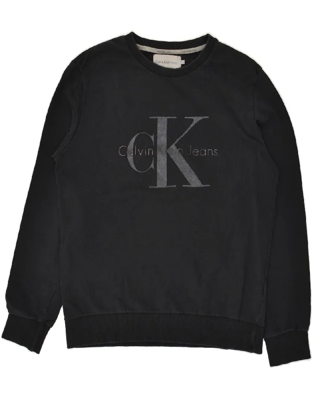 CALVIN KLEIN JEANS Womens Graphic Sweatshirt Jumper UK 16 Large Black Hoodie with Cuffed Sleeves Snug Secure