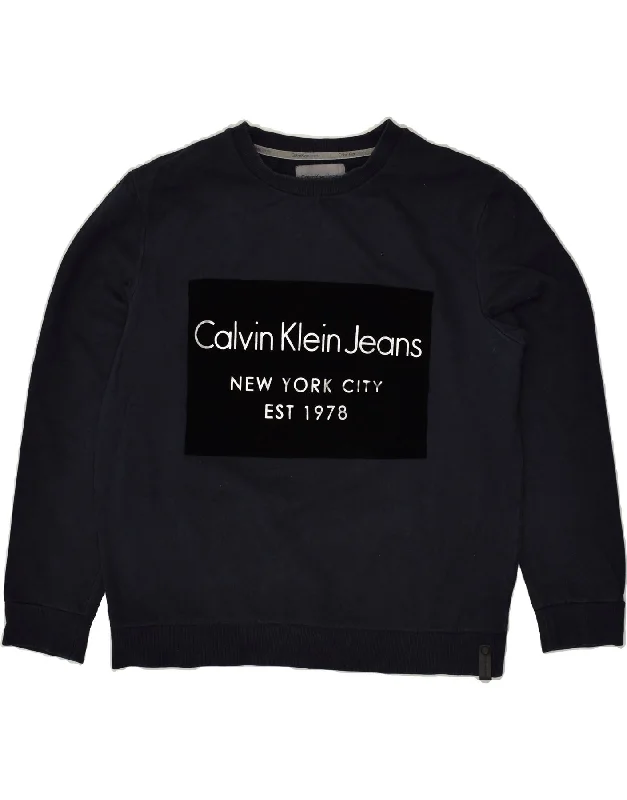 CALVIN KLEIN JEANS Womens Graphic Sweatshirt Jumper UK 20 2XL Navy Blue Hooded Sweatshirt Casual Wear Street Style