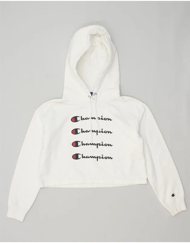 CHAMPION Womens Crop Graphic Hoodie Jumper UK 14 Medium White Cotton Hoodie with Hem Contrast Bold Stylish CHAMPION Womens Crop Graphic Hoodie Jumper UK 14 Medium White Cotton Hoodie with Hem Contrast Bold Stylish