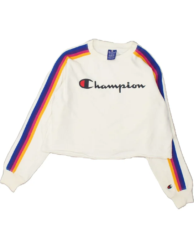 CHAMPION Womens Crop Graphic Sweatshirt Jumper UK 4 XS White Cotton Hoodie with Full-Zip Functional Layering