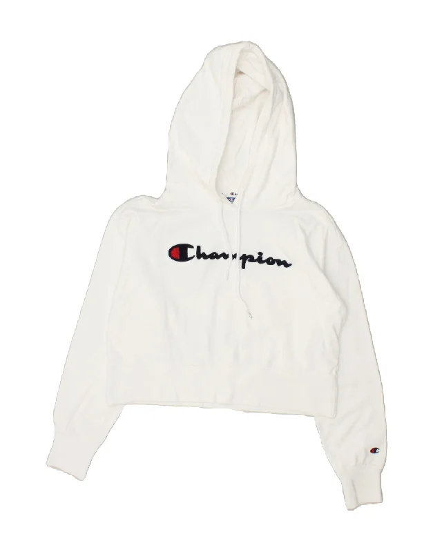 CHAMPION Womens Graphic Crop Hoodie Jumper UK 10 Small White Cotton Hoodie Dress Longline Feminine