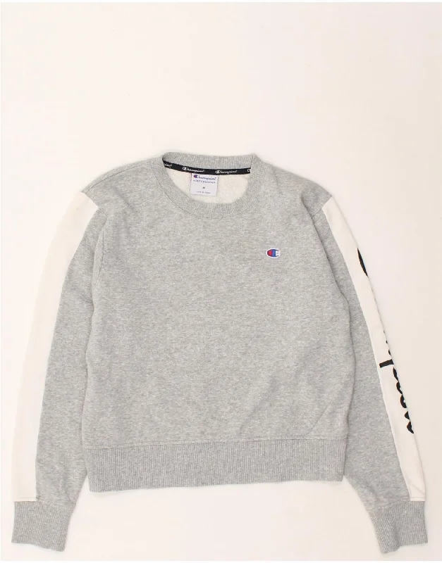 CHAMPION Womens Graphic Crop Sweatshirt Jumper UK 14 Medium Grey Hoodie with Strings Custom Fit Adjustable