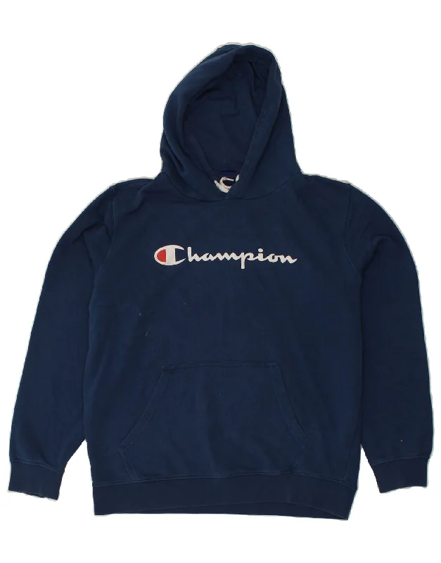 CHAMPION Womens Graphic Hoodie Jumper Large Navy Blue Cotton Hoodie with Snap Buttons Easy Quick